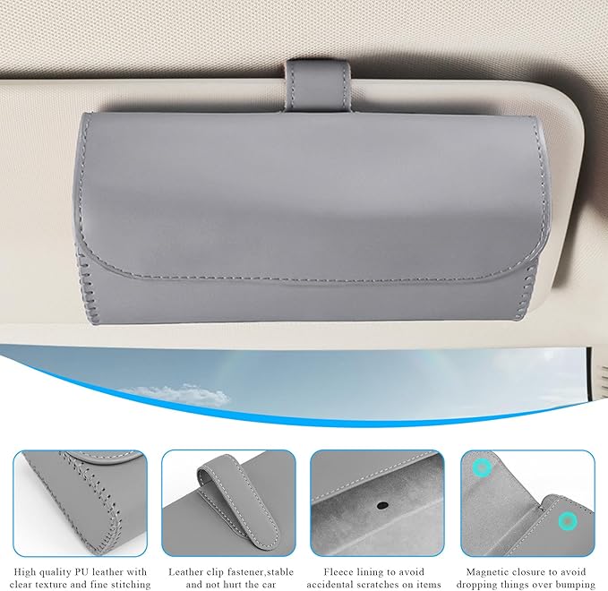 Sunglasses Holder for Car Sun Visor, Leather Auto Eyeglasses Organizer Box with Hidden Magnetic Closure, Vehicle Glasses Case Clip Holder, Car Accessories for Women Men (Gray)