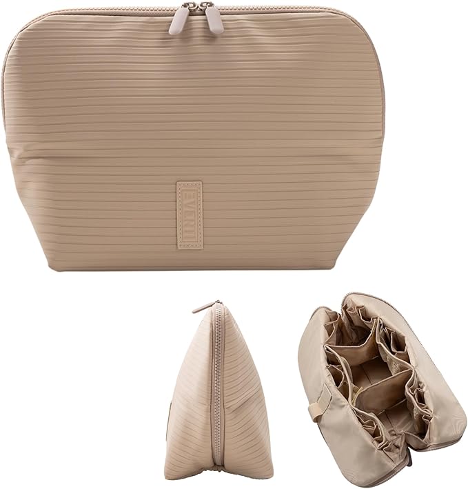 THE VERTI-Vertical Waterproof Makeup & Toiletry Bag | 23-Pocket Organizer with Upright, Fold-Down Design for Skincare, Toiletries & Essentials (Sandstone, Medium)