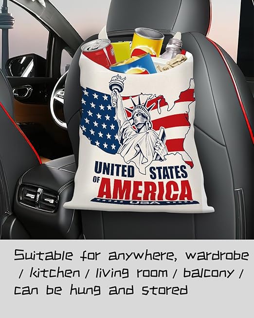 Car Trash Can, Seat Back Hanging Car Trash Bag, Cute Canvas Car Garbage Bag, Essential Car Trash Bin Car Organizers USA Mapping
