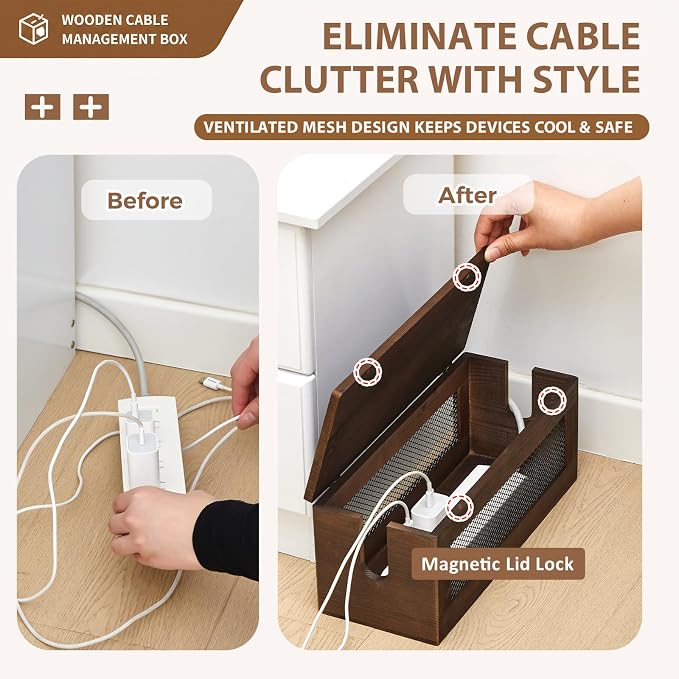 Chunful 13 Inch Cable Management Box, Wood Cord Hider Organizer with Magnetic Lid & Organizer for Power Strip, TV Wires & Desk Cable Storage, Ventilation Hide Floor Cables
