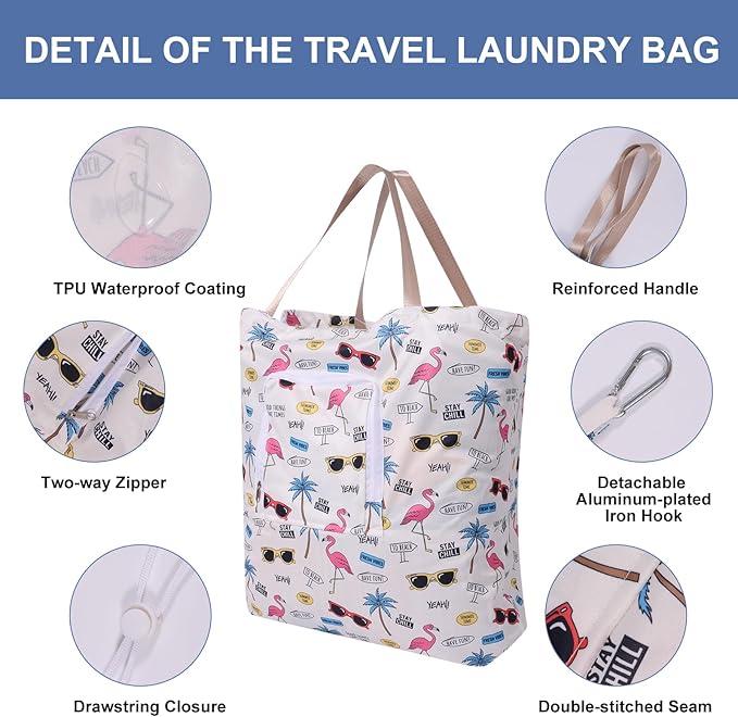 2 Pack Travel Laundry Bag with Handle and Drawstring, Expandable Foldable Dirty Clothes Bags with Hook and Zipper, 23*20 inch, Vacation