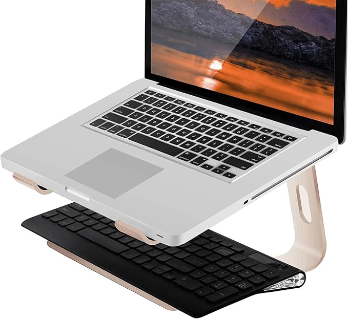 Orionstar Ergonomic Laptop Stand, Premium 5mm Aluminum Riser for 10-15.6 Inch Notebook Computer, Tool-Free Detachable Elevator Holder for Desk Office, Sturdy Riser for Eye-Level Neck Relief (Gold)