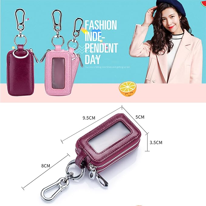 Car Key Chain Bag Double Zipper Leather Protection Key Coin Holder Keyring with Transparent Window