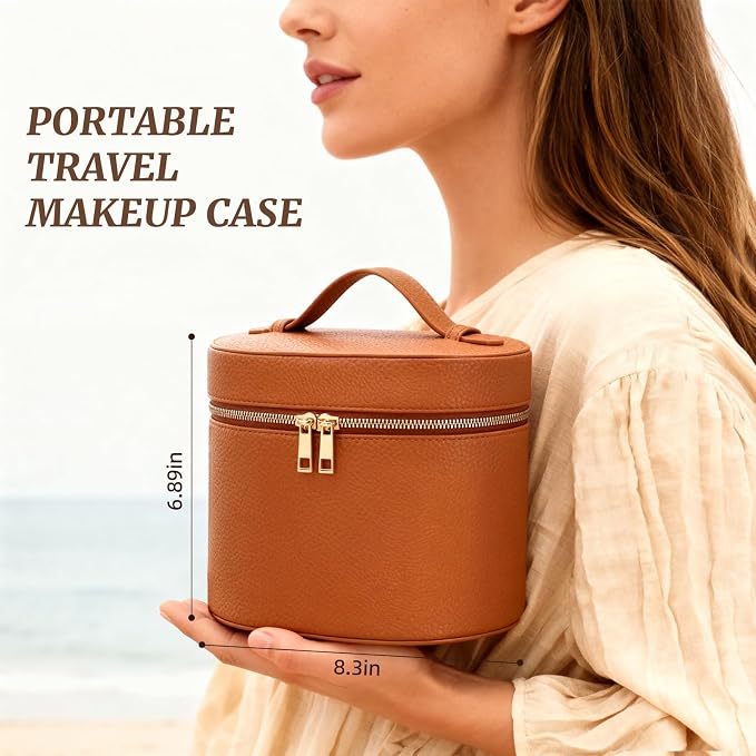 Makeup Bag Vanity Case for Women Leather Cosmetic Bag Makeup Organizer Case Portable Travel Toiletry Bag With Removable Compartments and Handle - Brown