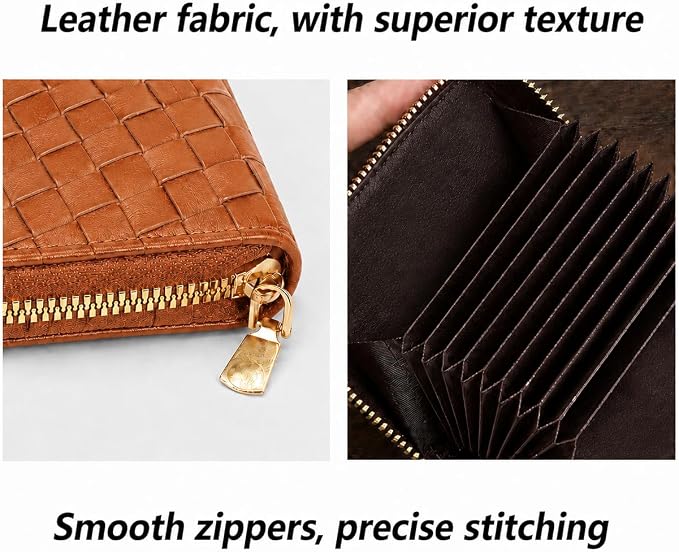 Ladies change card bag, zip storage bank card case, small portable 11 large capacity pouch, holds banknote change credit card(Brown woven pattern)