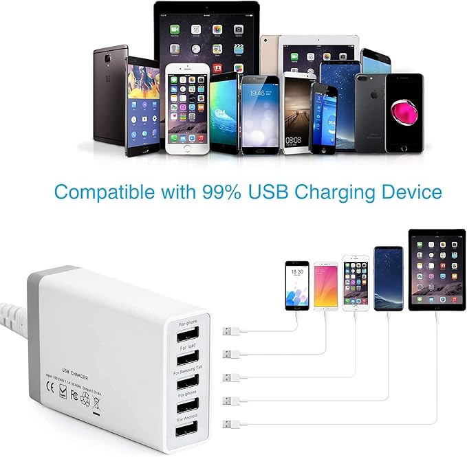 Pezin & Hulin 5 Port USB Wall Charger, 45W, Compatible with Tablet, Phone, Cell Devices