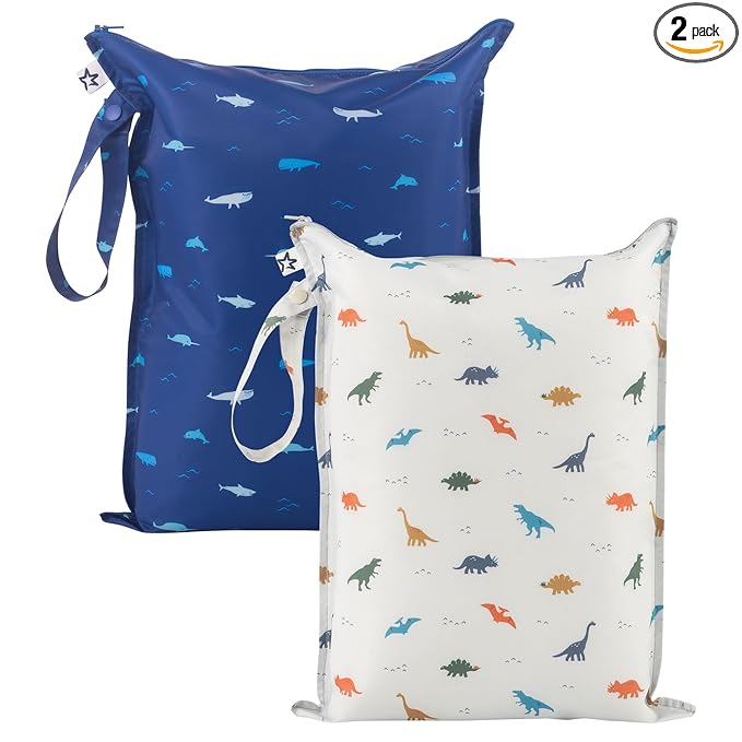 Tiny Twinkle Mess Proof Wet Bags | 2-Pack Reusable Waterproof Wet Bags for Swimsuits | Baby Clothes | Travel & Diaper Bag (Dinosaur, Ocean Life)