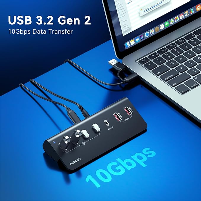 FIDECO 7-Port 72W Powered USB Hub, USB C Hub with 1 PD 45W, 2 QC 3.0 Charging Ports, and 4 USB 3.2 Ports (2 USB-A + 2 USB-C), Aluminum 10Gbps USB Hub for Laptop, PC, MacBook, iPhone 17/16/15, Black