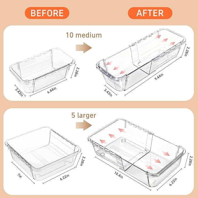 15 PCS Expandable Drawer Organizer Set, Adjustable Acrylic Drawer Dividers, Clear 2-Size Storage Bins for Makeup Organization, Vanity, Desk, Kitchen Drawers