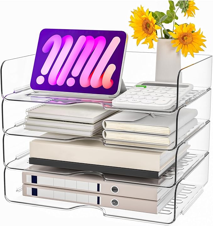 Paper Organizer Letter Tray, 4 Pack Acrylic Stackable Desk File Organizer,Versatile Clear Office Organizer for File Paper, Ipad, Letter, A4 Office File, Books, Notes, Etc
