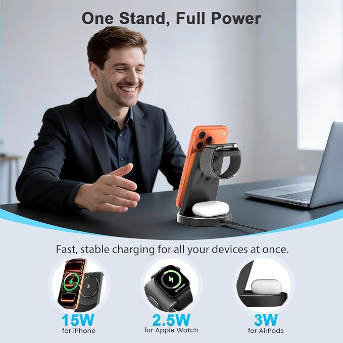 3-in-1 Magnetic Wireless Charger Stand for Apple, 15W Fast Charging Station for iPhone 17 16 15 14 13 Pro Max, AirPods, Watch-Desktop Stand with Sleep-Friendly Light, Ideal for Bedside & Desk