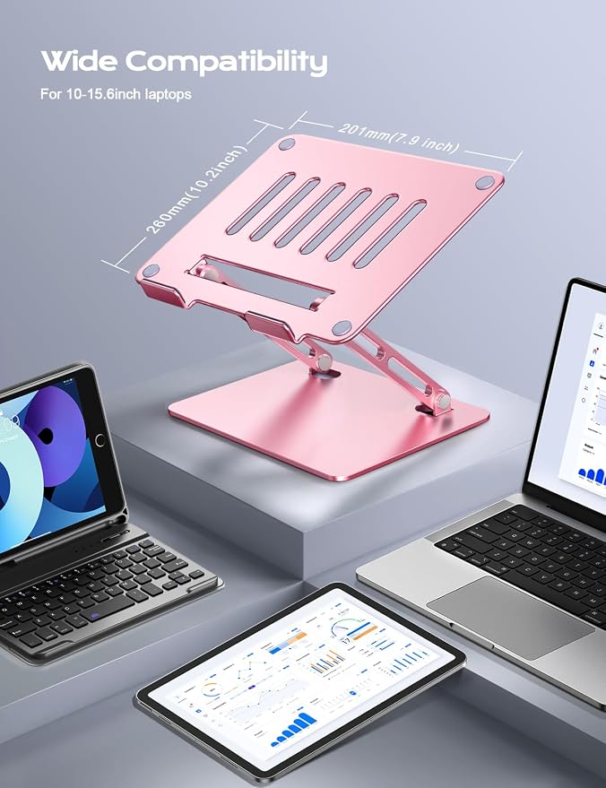 LOXP Adjustable Laptop Stand, Portable Laptop Riser, Aluminum Laptop Stand for Desk Foldable, Ergonomic Computer Notebook Holder for Desk, Office Desk Accessories (10-15.6'')- Pink