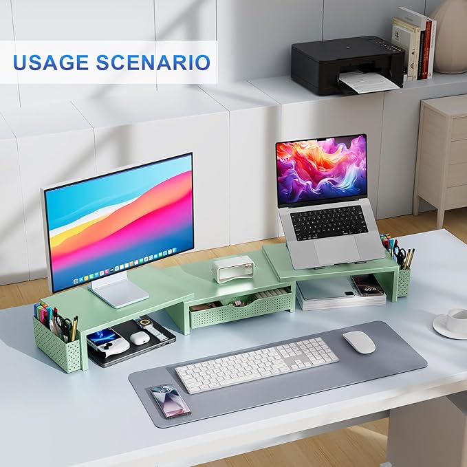 gianotter Dual Monitor Stand Riser, Desk Organizer With Drawer and 2 Pen Holders, Computer Monitor Stand, Desk Shelf for Top of Desk (Sage Green)