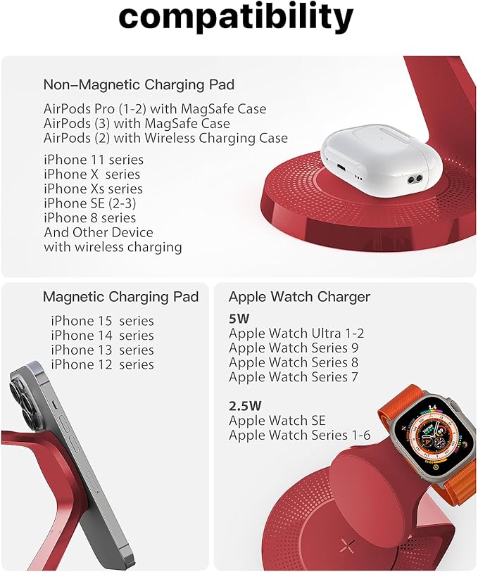 3 in 1 Charging Station for Apple Devices,Mag-Safe Charger Stand Fast Charging,Wireless Charger for iPhone 17/ Air/16/15/14/13/12 Series,& AirPods,& iWatch(USB-C Charger Included)