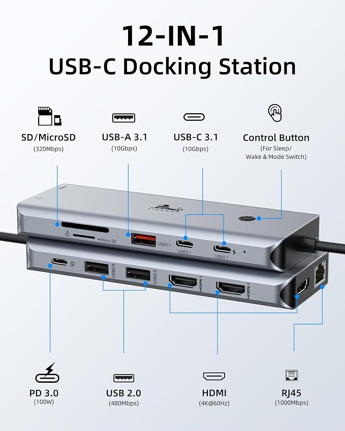LIONWEI 12-in-1 USB C Docking Station Multiport Adapter, Triple Monitor 3 HDMI 4K@60Hz, 1000Mbps Ethernet, 10Gbps USB 3.1, PD 100W, SD/TF, Screen On/Off Button for Laptop/Windows/macOS