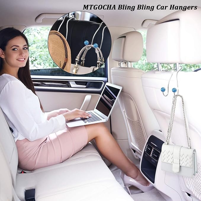 MTGOCHA Bling Purse Hook for Car Headrest, Upgraded Cute Car Seat Hooks for Bag Handbag, Durable Stainless Auto Purse Hanger Holder 2 Pack, Light Blue