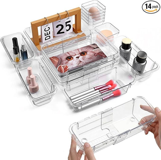 14 Pcs Clear Drawer Organizer - 3 Sizes, Adjustable Drawer Storage Box, Desk Drawer Organizer, Acrylic Storage Bins for Makeup, Cosmetic, Kitchen Utensils, Bedroom Dressers Tool Organizer for Gadgets