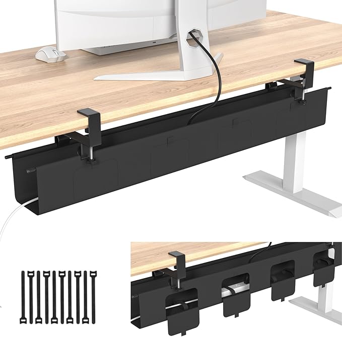 No Drill Under Desk Cable Management Tray, 47.5” Fabric Clamp Mount Cord Organizer for Table, Heavy Duty Wire Management for Office Home, Black