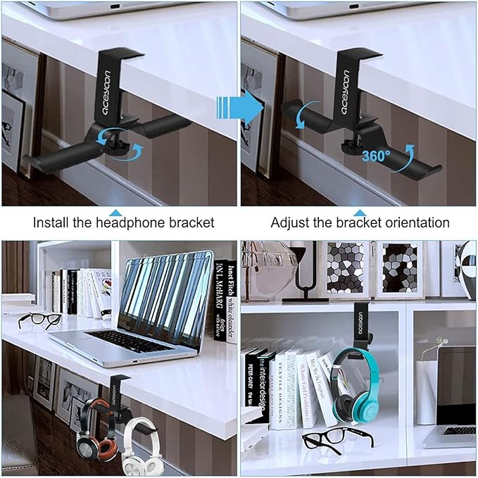 aceyoon Foldable Headphone Stand for Desk, Aluminum Headset Stand Clamp Hook Under Desk Space Save Mount, Headset Holder for Gaming Headphone, Office, Backpack, Bag, Purse Hanging (Black)