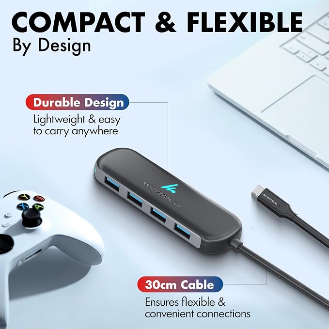 Type C to 4 Port Wozoyo USB 3.2 Hub, 4XUSB 5 Gbps, Data Transfer Upto 5Gbps, Plug & Play, Multiport Type C Hub with 30cm Cable, Compatible with MacBook, Tablet, Smartphones and Type C Enabled Devices