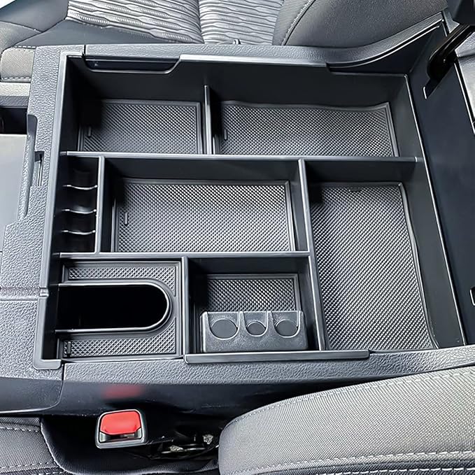 TACOBRO Center Console Organizer Compatible with 2014-2017 2018 2019 2020 2021 Tundra Accessories, Crewmax Interior Armrest Underseat Storage Box- Full-coverage Insert Tray, Black Trim