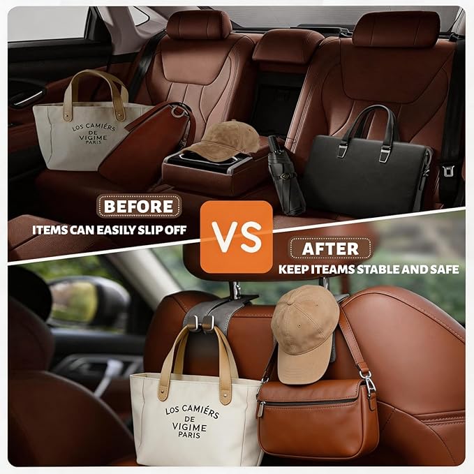 Car Headrest Hook 2 Pack, Universal Car Purse Holder for Back of Seat, Heavy Duty Leather Car Seat Hooks with Dual Metal Hooks, for Handbag, Grocery Bags, Water Bottle, Phone (Brown)