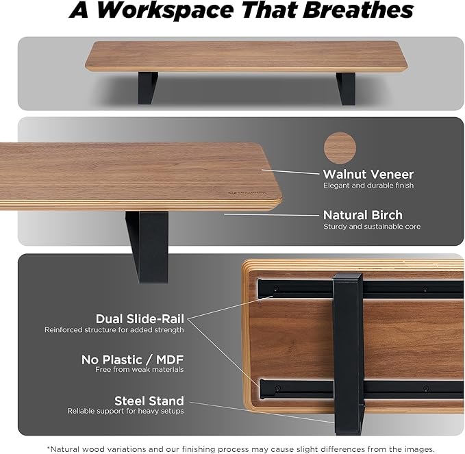 ULTRARM Moodular Wooden Monitor Stand 33.4??(85cm) Desk Organizer with Metal Slide Rails for Drawer, Tray, Laptop, Tablet, Phone & Headphones Customizable Riser for Organized Workspace Walnut MS85-W