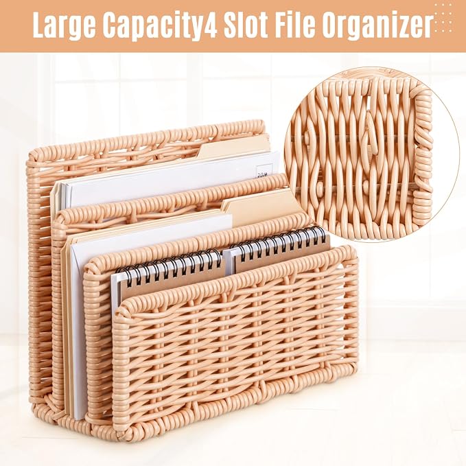 Small Rattan Mail Organizer for Desk Mail Holder Countertop with 3 Slot Rattan Letter Sorter File Holder Envelope Book Stand Farmhouse Office Desk Organizer and Storage Accessories
