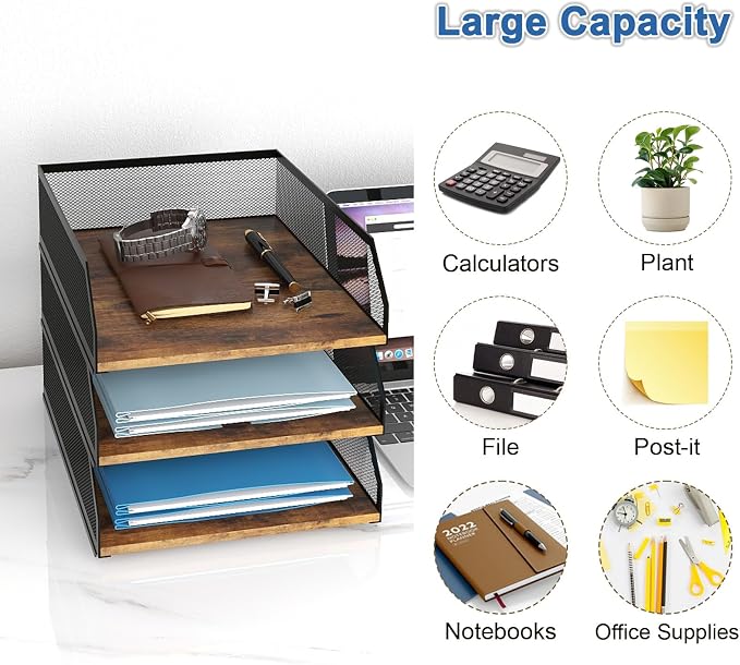 Natwind 3-Tier Stackable Metal Mesh Paper Organizer with Sliding Tray,Retro | Wooden Desk Organizer, Letter Tray For Desktop,File Holder For Home Office School Classroom Organization