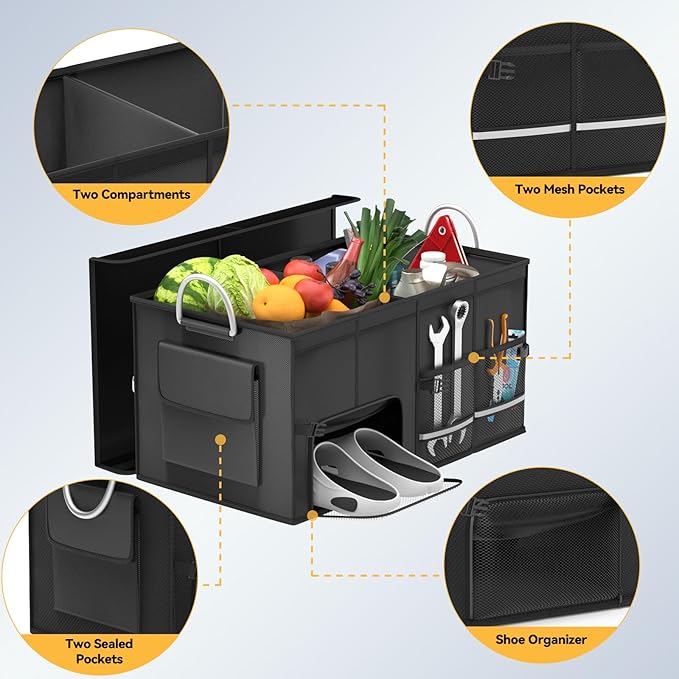Car Trunk Organizer for SUV 50L Car Caddy Golf Trunk Organizer with Lid Collapsible Truck Storage Bin Large Compartment Car Grocery Organizer with 4 Pockets Handle Shoe Organizer Cargo Van Jeep Sedan