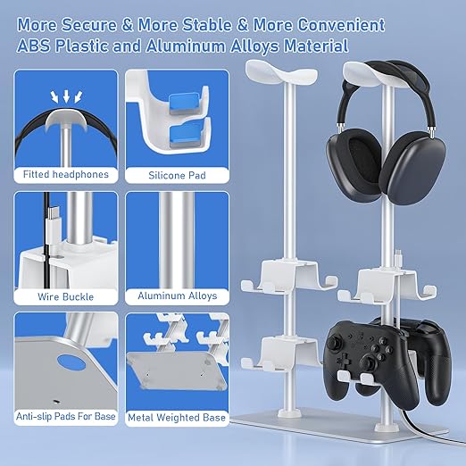 MANMUVIMO Headset Controller Stand for 2 Headset and 8 Controller, Headphone Stand Gaming Controller Holder for PS5 Xbox Airpods Beats Bose, Gaming Room Accessories, Gamer Gifts for Men (White)