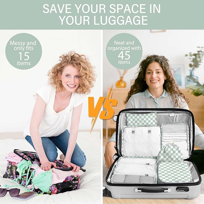 KPX 8 Set Packing Cubes for Travel, Luggage Packing Organizers Accessories Large Toiletries Bag for Clothes Shoes Cosmetics (8Set-Green Checkered)