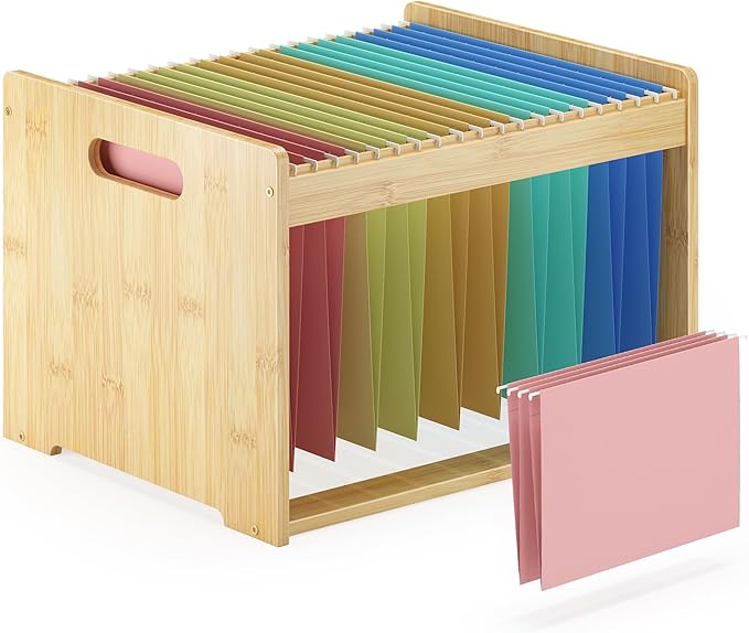 Hanging File Organizer Box for Letter Size, Bamboo File Folder Organizer, Storage Moving Boxes with Handle Wood Desk Filing Box for Office Banker Document
