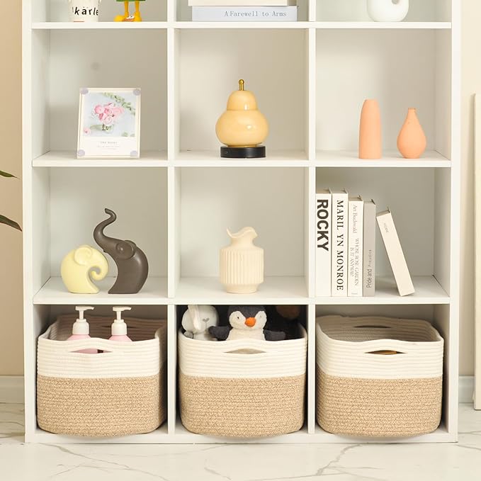 ICERZCZ Large Storage Baskets for Organizing Shelves, Woven Cotton Rope Bins for Baby Nursery Organization, Book Toy Towel Organizer, 17"x13"x9.5", 3 Packs, Off White & Brown