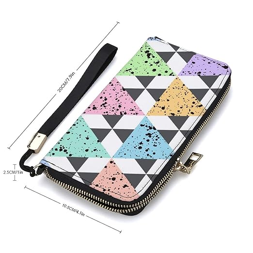 Unisex Zip Around Wallet for Adults Teens Colorful Triangles with Black Splash Geometric Pattern Coin Pouch Cash Pocket PU Leather Wallets Card Holder Organizer Designer Purse with Wristlet Strap