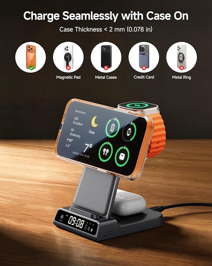 25W Fast Charging for iPhone 17, 3 in 1 Magnetic Wireless Charging Station Compatible with MagSafe for iPhone Air/16-12 Series, Apple Watch, AirPods, SwanScout C02M