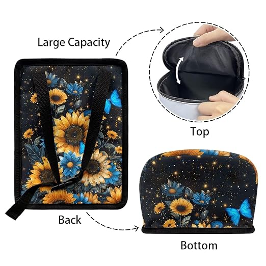 Blue Butterfly Sunflower Print Car Trash Can - Foldable, Automotive Garbage Bin with Leak Proof Hanging Bag