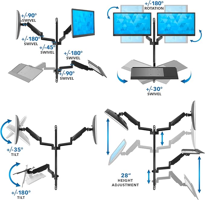 Mount-It! Dual Monitor Arm Wall Mount Workstation with Keyboard Tray & CPU Holder, Height Adjustable Gas Spring Full Motion Computer Station, Fits 17??2??VESA 75x75 100x100, Black