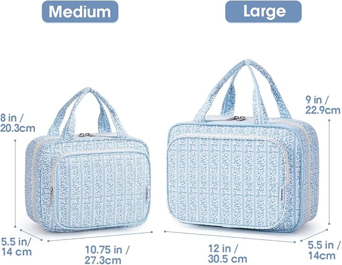 Narwey Travel Toiletry Bag for Women Large Hanging Makeup Bag Organizer Toiletries Bag for Full Size Essentials Accessories Cosmetics (Blue Flower Buds (Large))
