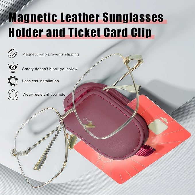 Sunglass Holder for Car Visor, Magnetic Leather Eyeglass Holder, Universal Car Sunglass Organizer Visor Accessories for SUV Truck Pickup, 2 Pack (Red)