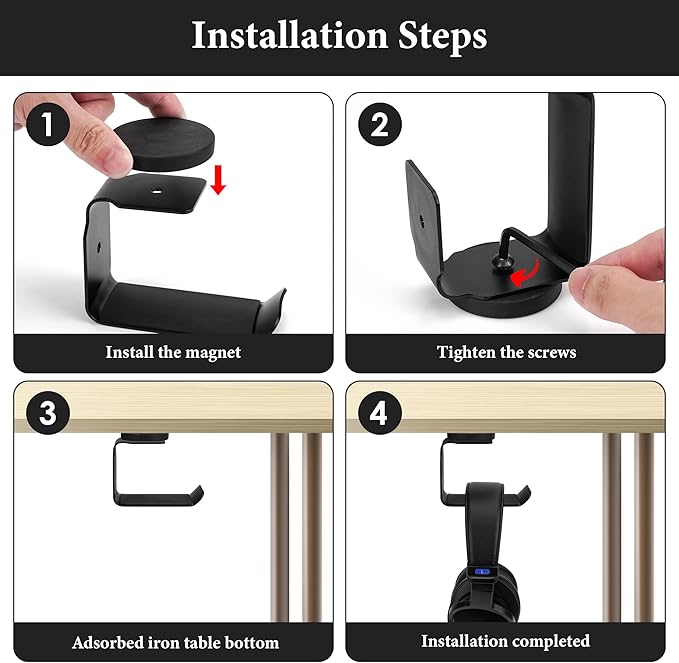 GEEKRIA Magnetic Headphone Holder, Headset Hooks, Aluminum Headphone Hanger for Desk, Mount Stand with Rubber Pad, Compatible with Sennheiser, Bose, Beats, Razer, HyperX, Sony (Black)
