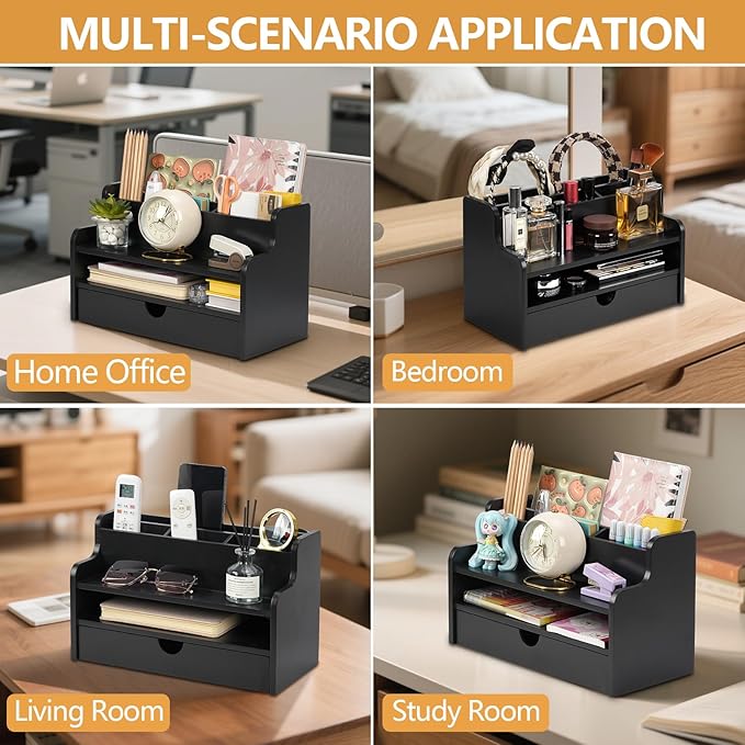 Mail Organizer Countertop, 4 Slots Desk Organizer with Drawer and Shelf, Wooden Mail Sorter for Desk, Desktop File Holders for Storage Pens, Envelopes and Bills