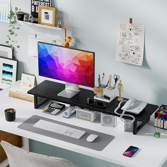 Simple Trending Desk Organizers and Accessories, Dual Monitor Stand Riser, Desk Shelf Wood Computer Rack for 2 Monitors, Black