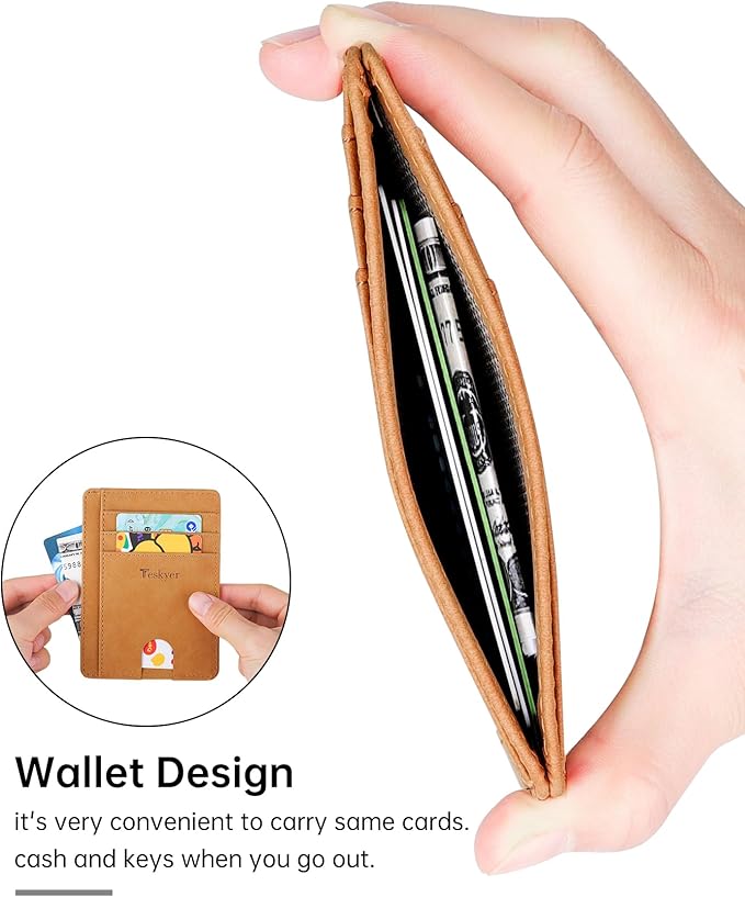 Teskyer Slim Wallet for Men, Minimalist Front Pocket RFID Blocking Leather Wallet Credit Card Holder for Men & Women