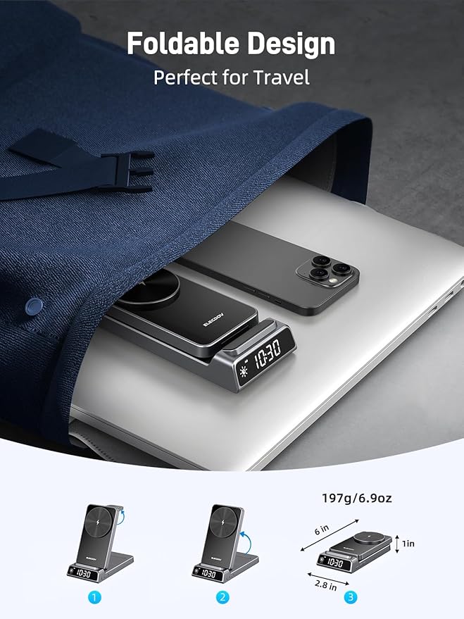 3 in 1 Charging Station for Apple, Magnetic Charger for iPhone, Foldable Wireless Charger with Clock, Travel Watch Charger Stand for iPhone 17/Air/16/15 Series, iWatch 10/AirPods 4 (Grey)
