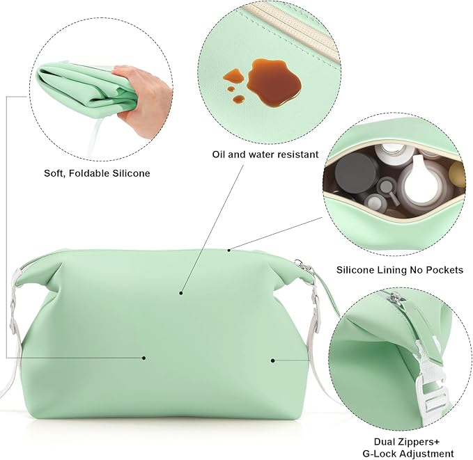 Vomgomfom 6L 13 Inch Silicone Toiletry Bag, Waterproof Leakproof Travel Cosmetic Organizer, Adjustable G-Buckle Compression Dopp Kit, Foldable Makeup Bag for Women & Men (Green, 13" 6L)