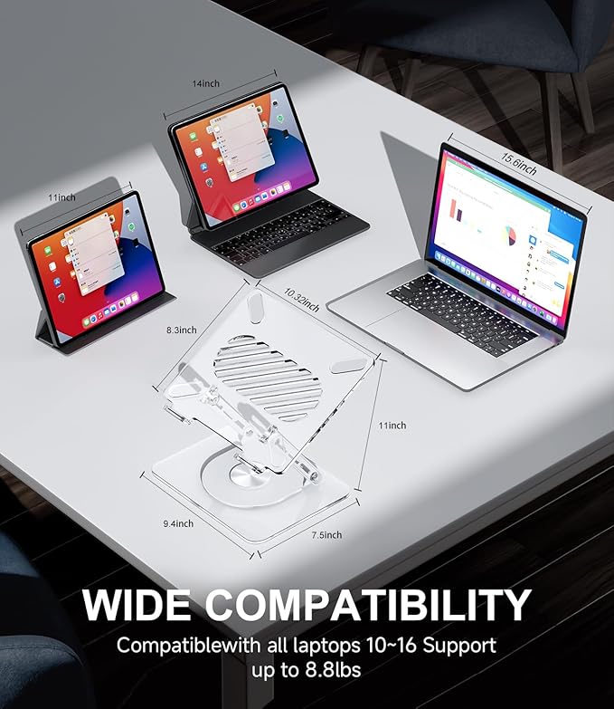 MCHOSE Acrylic Laptop Stand for Desk with 360 Rotating Base Ergonimic Foldable Clear Laptop Riser Compatible with MacBook Pro/Air Notebook up to 16 Inches, Ultra Thick Acrylic Transparent
