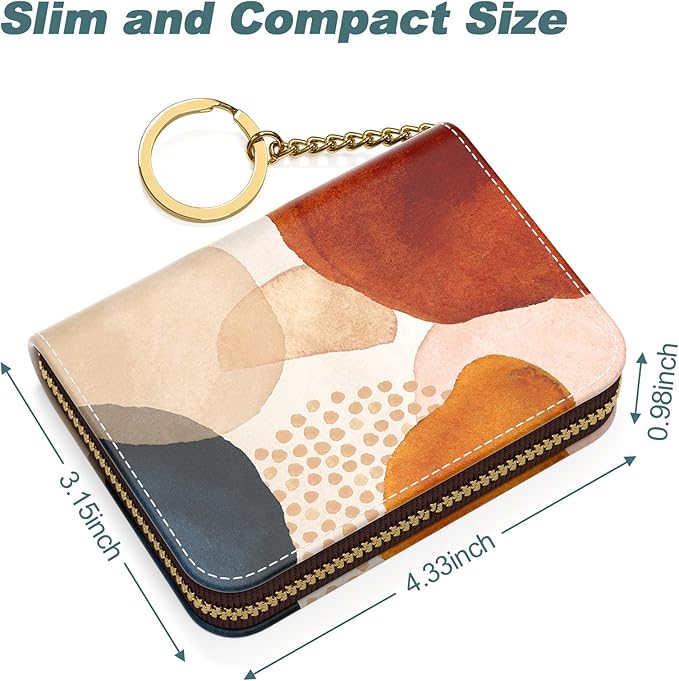 Nipichsha Credit Card Holder, Small RFID Card Wallet for Women, Slim Leather Card Holder Wallet, Credit Card Wallet Organizer, Pocket Business Card Case with Zipper & Keychain, Simple Abstract Art