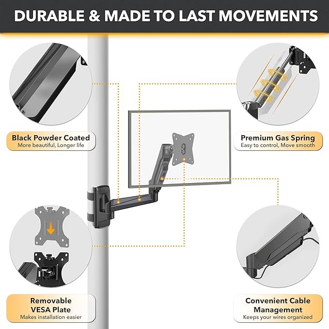 CondoMounts CLMMMAB2022 Full Motion Pillar Monitor Mount | WorkBench Monitor Mount | Pallet Rack | NO Drill | GAS Spring Arm with VESA Plate | Pillar Mount | Holds 18lbs | Up to 32-in. Monitor | Black