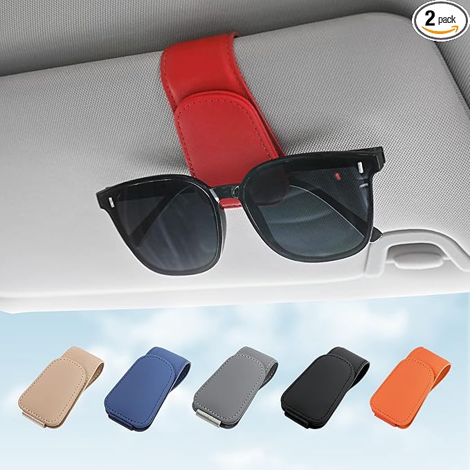 KanSmart Sunglass Holder for Car Visor Sunglasses Clip Magnetic Leather Glasses Eyeglass Holder Interior Car Accessories for Woman Man - 2 Packs Red